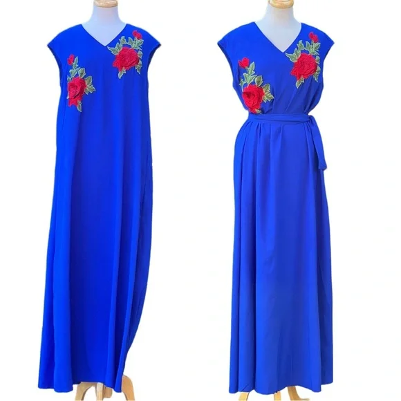 Bohemian floral embroidered maxi tank dress - tie belt|XXL - Picture 3 of 7